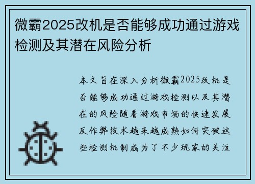 微霸2025改机是否能够成功通过游戏检测及其潜在风险分析